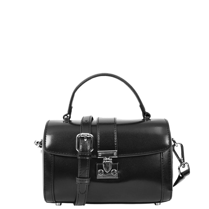 Women's Glazed Leather Handbag Mini Size Fashion Bag Top Handle HOL2613 Black