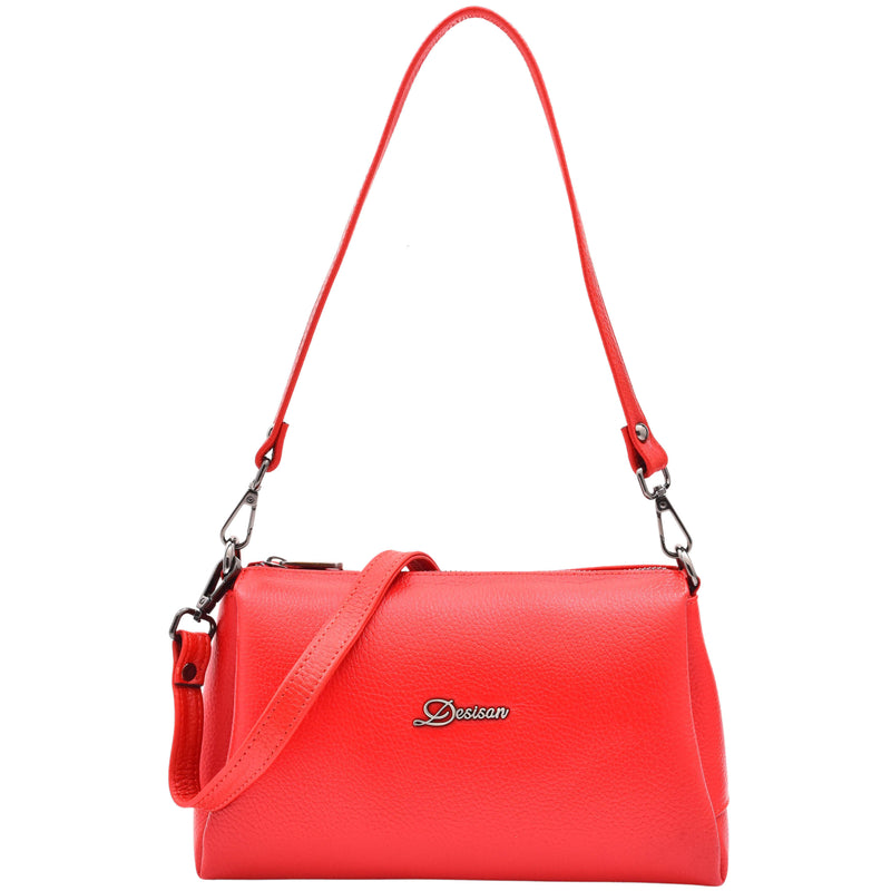 Womens Real Leather Shoulder Zip Bag Small Size Handbag Chloe Red 1