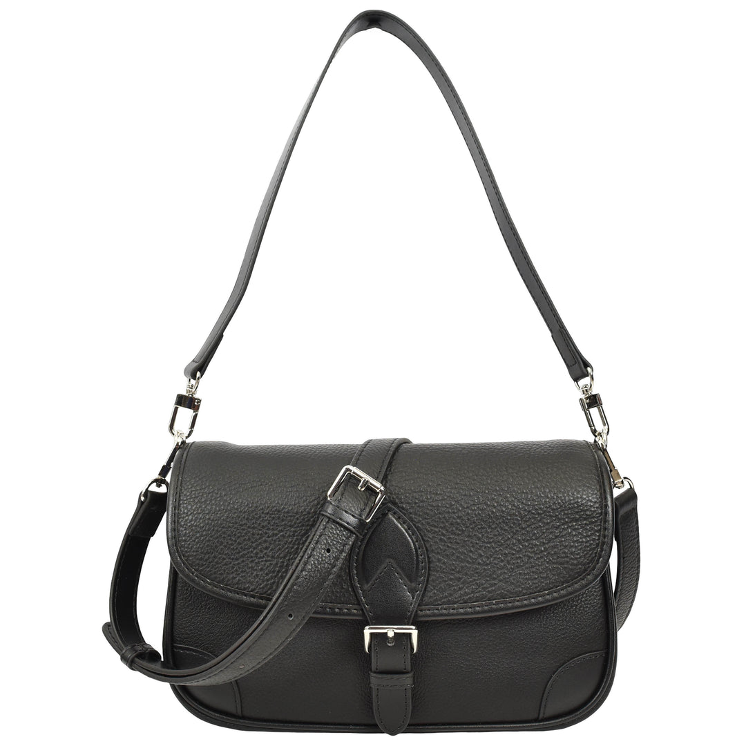 Women's Leather Classic Shoulder Bag Casual Style with Multiple Straps Capri Black