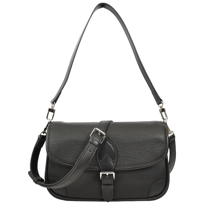 Women's Leather Classic Shoulder Bag Casual Style with Multiple Straps Capri Black