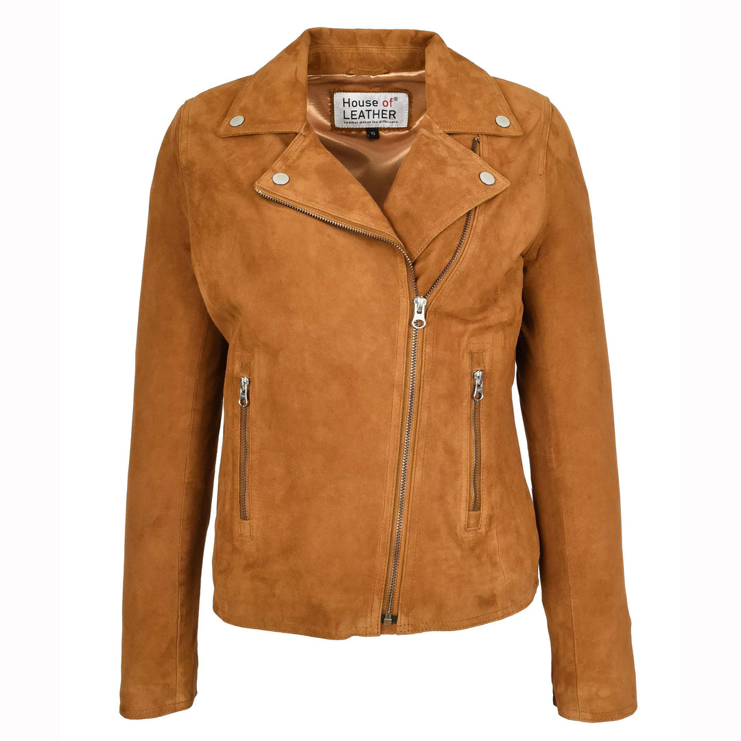 Women's Genuine Goat Suede Biker Jacket Lola Cognac 1