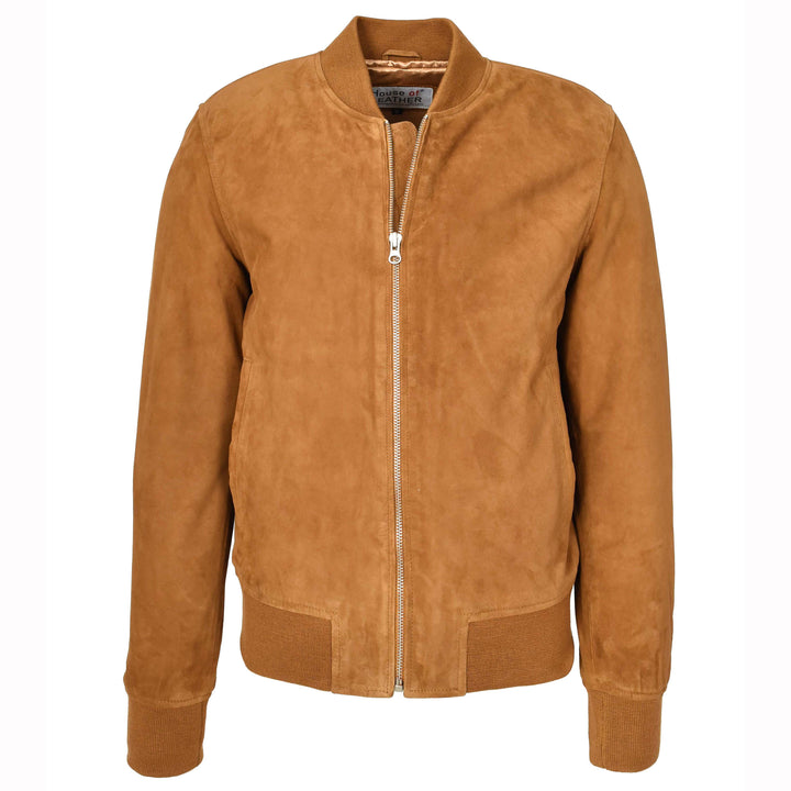Mens Real Goat Suede Bomber Jacket MA-1 Varsity Design Ryan Cognac