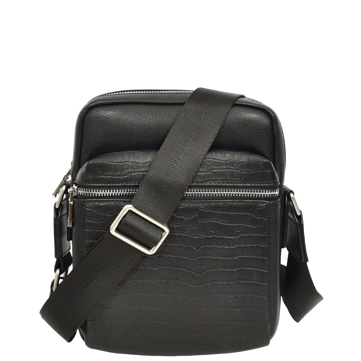 Mens Real Leather Croc-Print Crossbody Bag Casual Messenger Flight Pouch Delmon Black