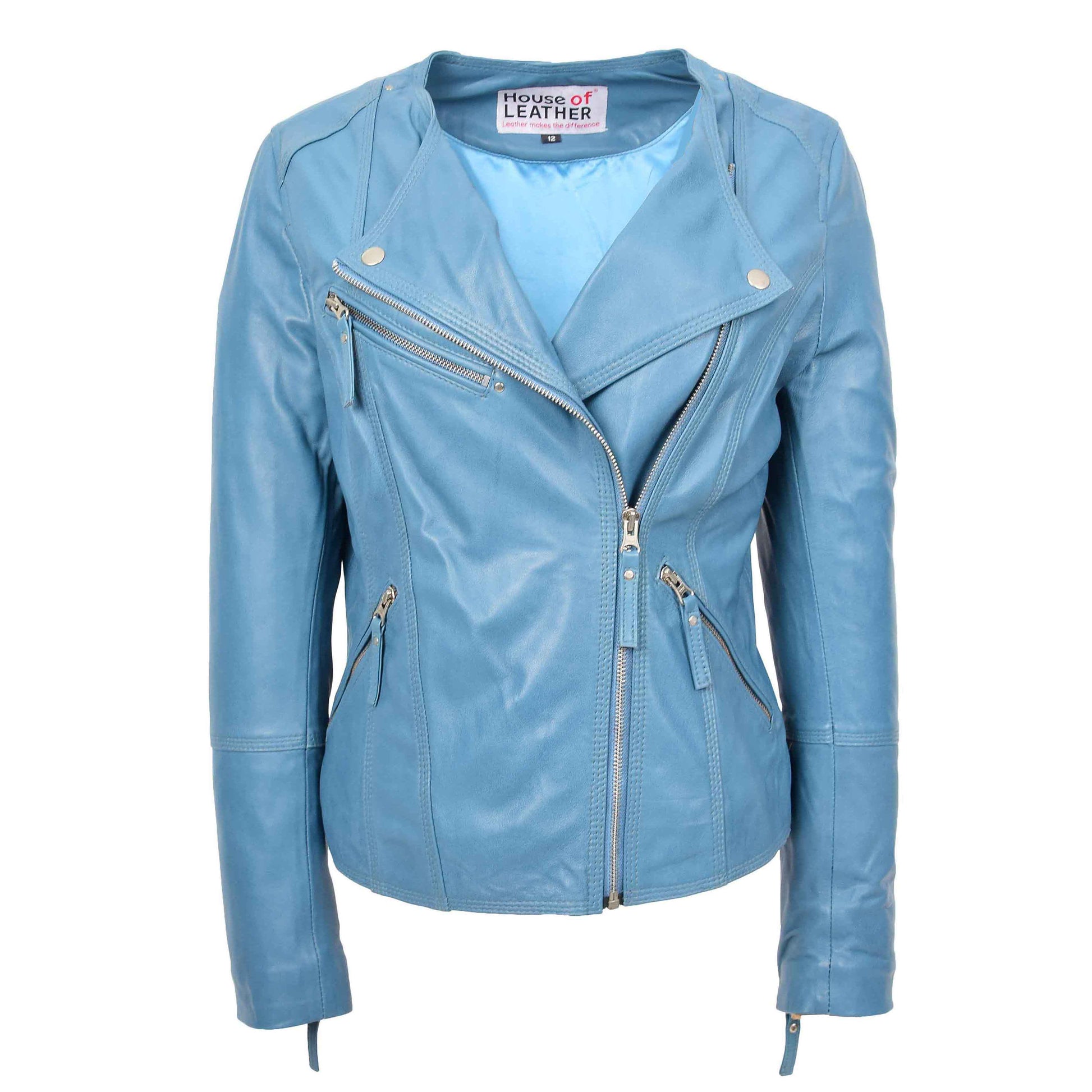 Womens Leather Casual Biker Jacket Cross Zip Shelly Teal 1