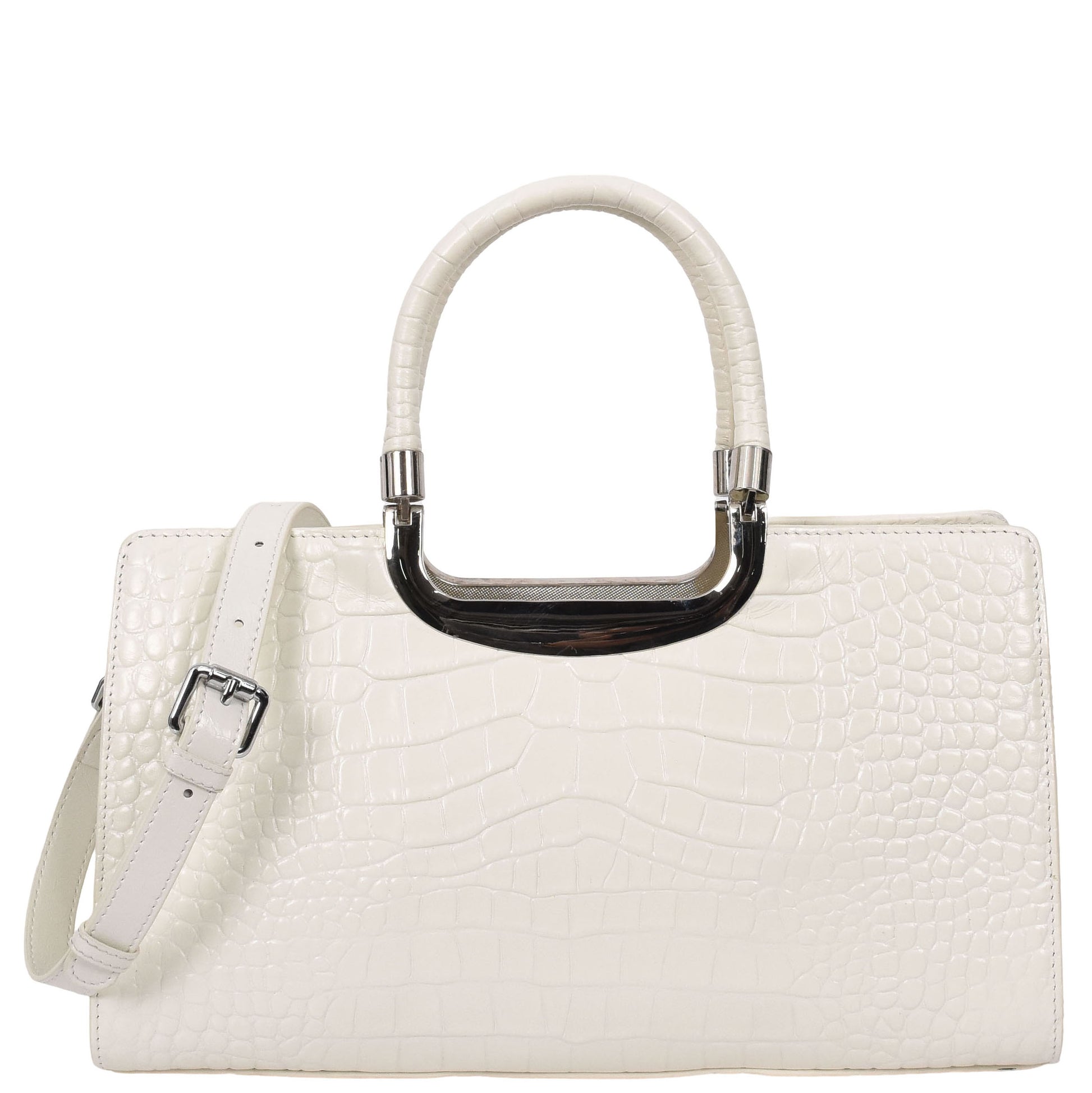 Womens Leather Croc Print Handbag Madeline White