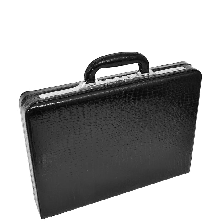 Croc-Print Black Leather Classic Attaché Briefcase Bag Slim Line Dual Lock HOL87
