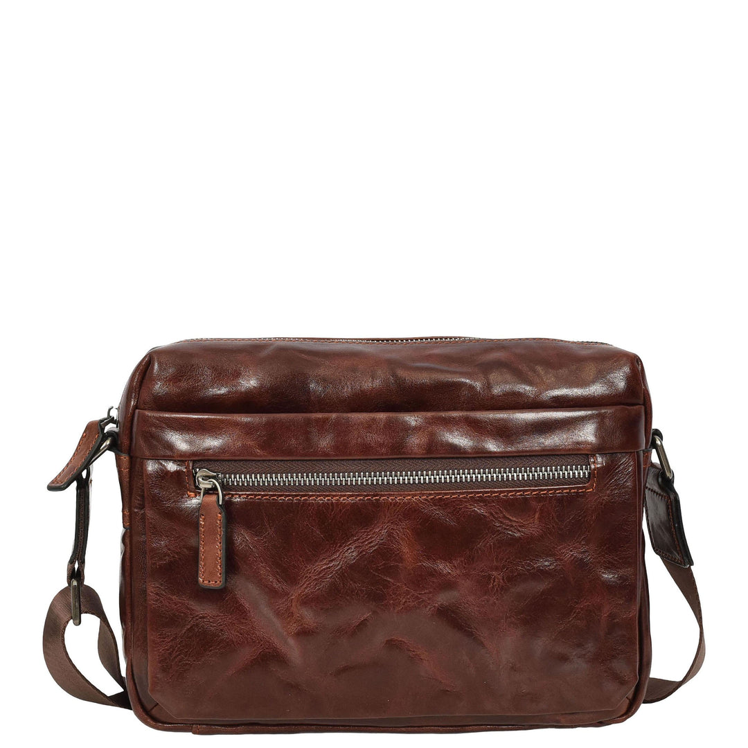 Mens Genuine Distressed Leather Crossbody Flight Bag Multiple Pockets Axel Brown