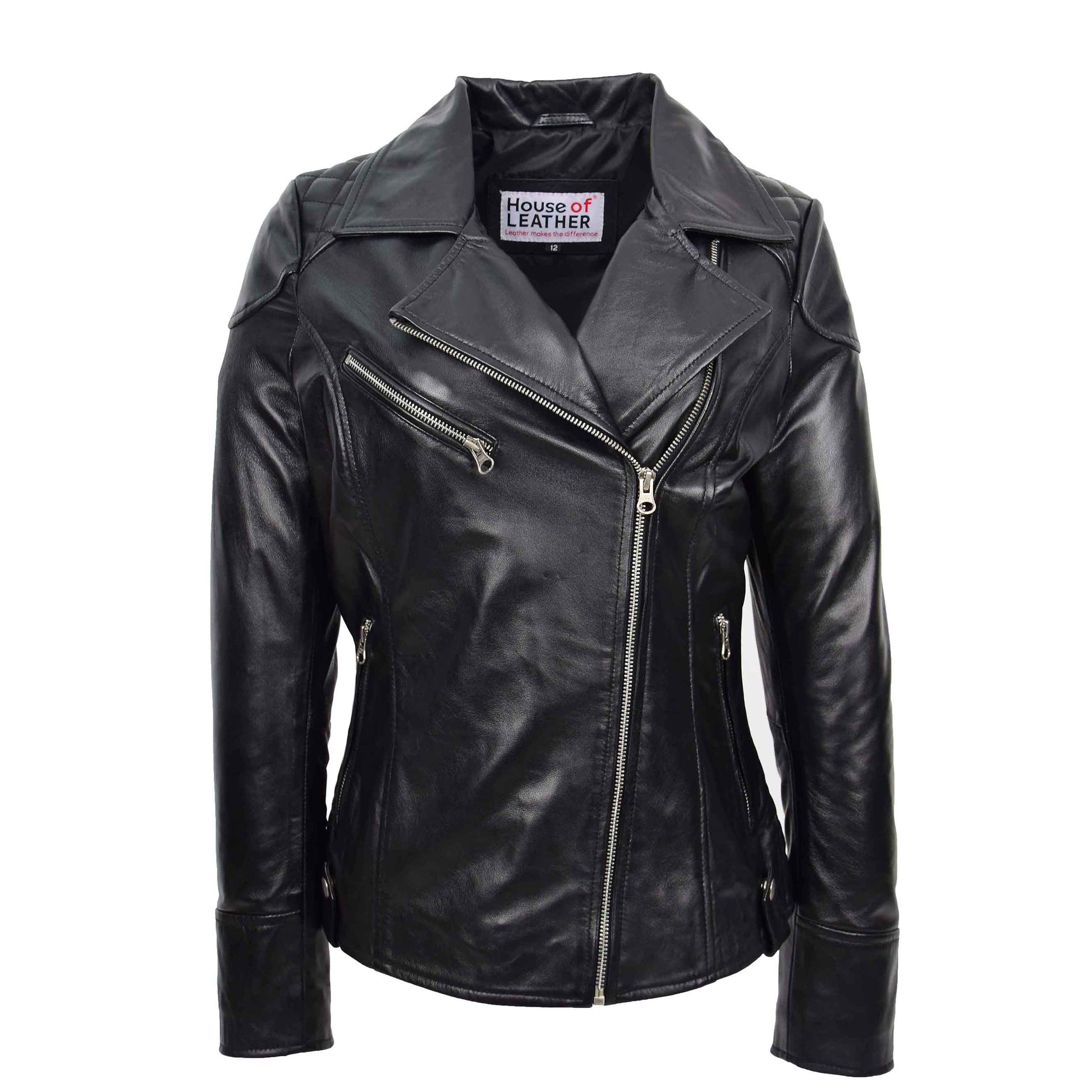 Womens Real Leather Biker Jacket Cross Zip Pockets Cherry Black 1