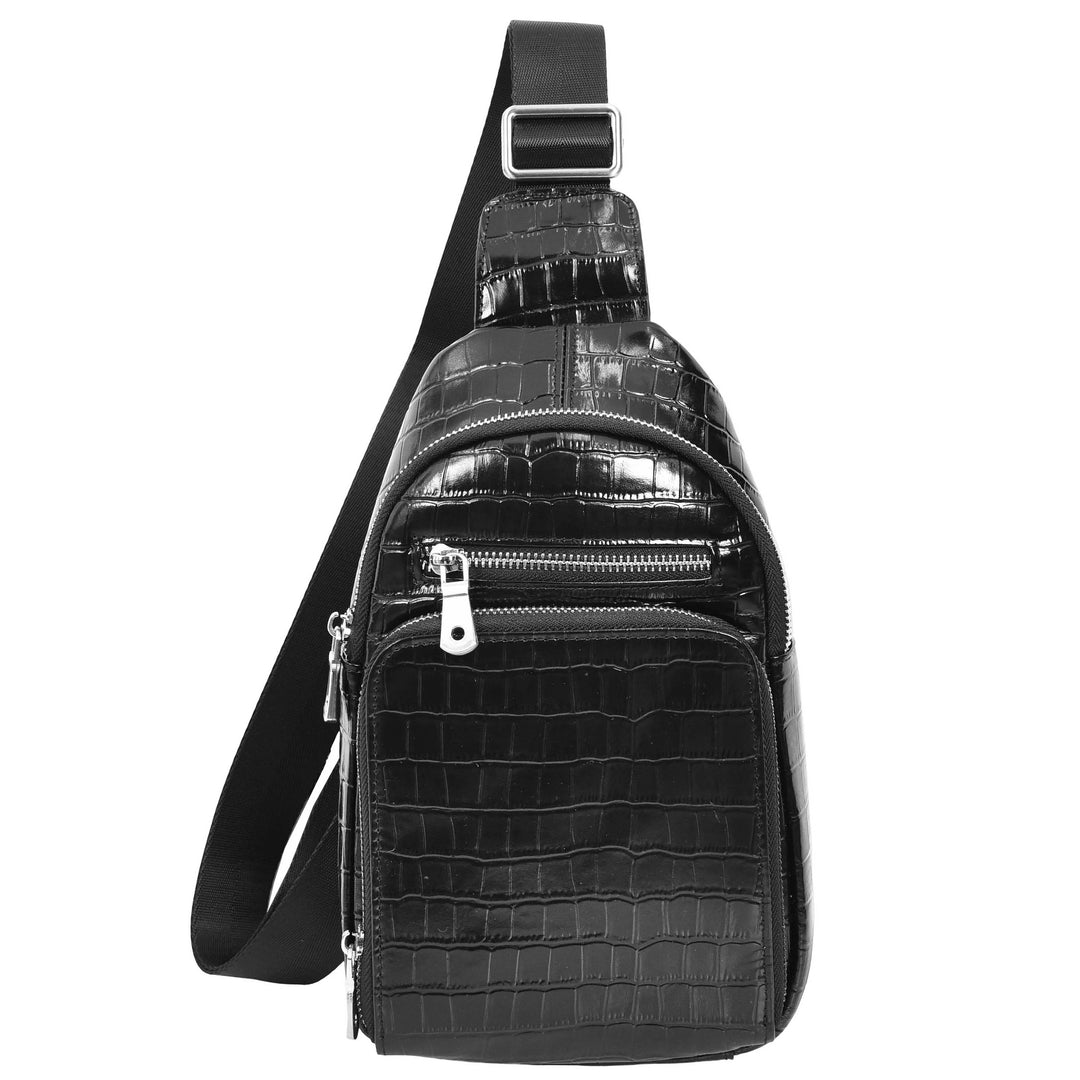 Men's Leather Sling Bag Crossbody Chest Pack Croc-Embossed Alden Black 1