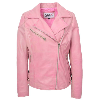 Womens Real Leather Biker Jacket Cross Zip Pockets Cherry Pink 1