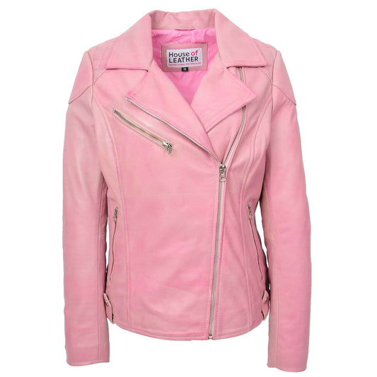 Womens Real Leather Biker Jacket Cross Zip Pockets Cherry Pink 1