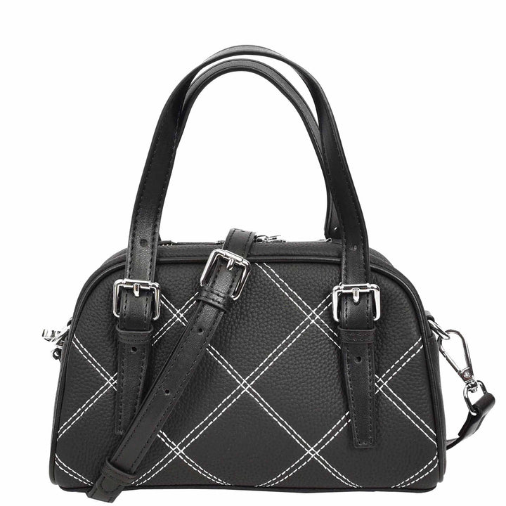 Women's Leather Satchel Handbag Quilted Stitch Design Anya Black 1
