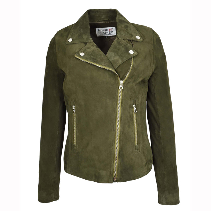 Women's Genuine Goat Suede Biker Jacket Lola Olive Green 1