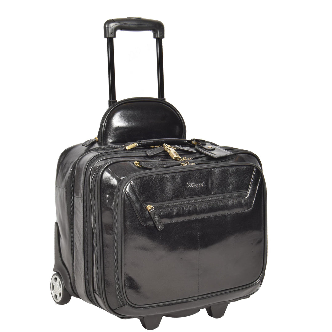 Leather Pilot Case Travel Laptop Bag Wheels Black House of Leather