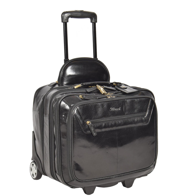 Leather Pilot Case Travel Laptop Bag Wheels HOL15 Black