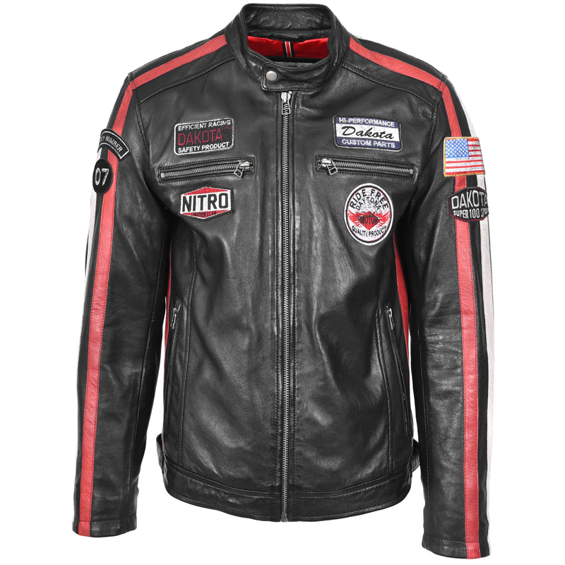 Mens Leather Biker Jacket Motorsport Logos Bobby Black 3