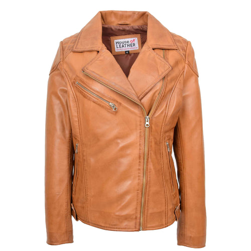 Womens Real Leather Biker Jacket Cross Zip Pockets Cherry Tan 1