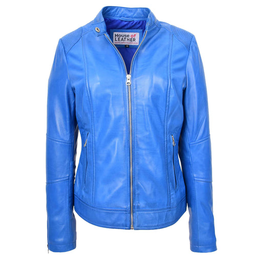 Womens Real Leather Biker Jacket Zip up Casual Connie Blue 1