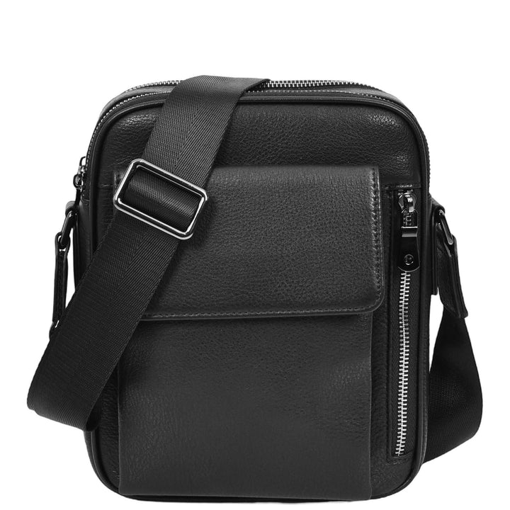Mens Real Leather Cross Body bag Medium Multi-Pocket Travel Organiser Pouch Rovigo Black