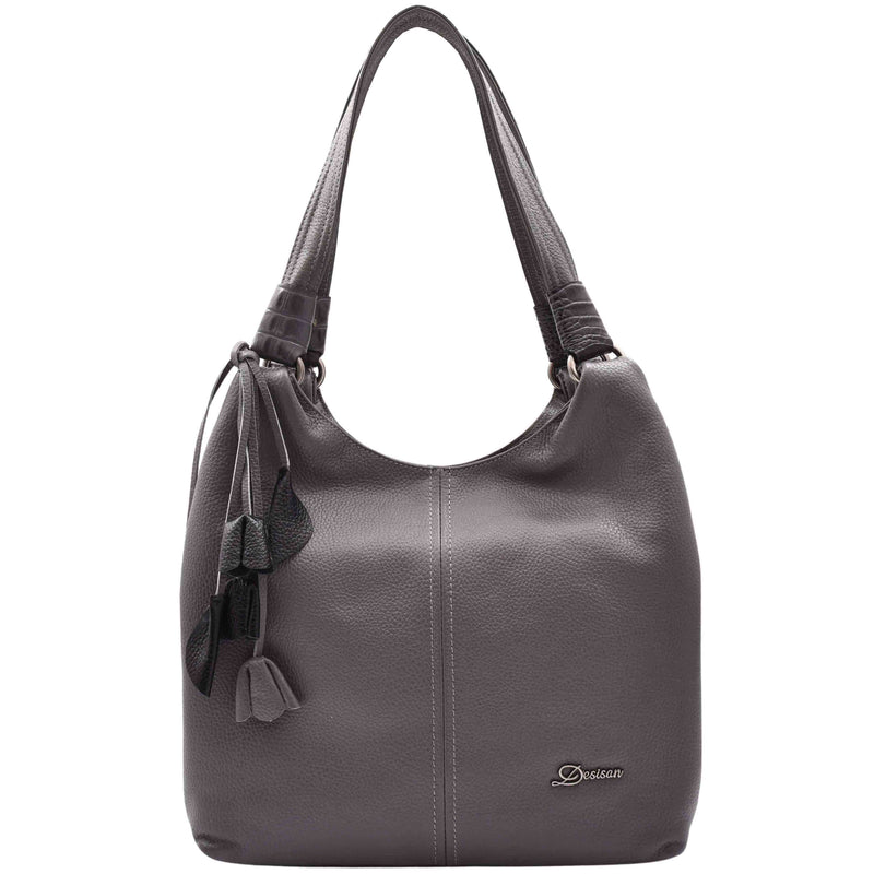 Womens Leather Shoulder Zip Opening Large Hobo Bag Kimberly Grey 1