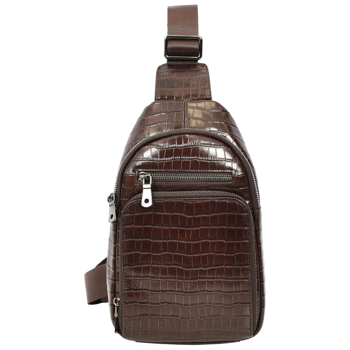 Men's Leather Sling Bag Crossbody Chest Pack Croc-Embossed Alden Brown 1
