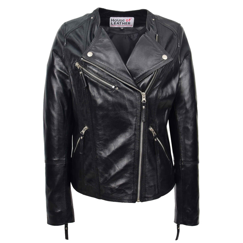 Womens Pure Leather Casual Biker Jacket Cross Zip Shelly 1