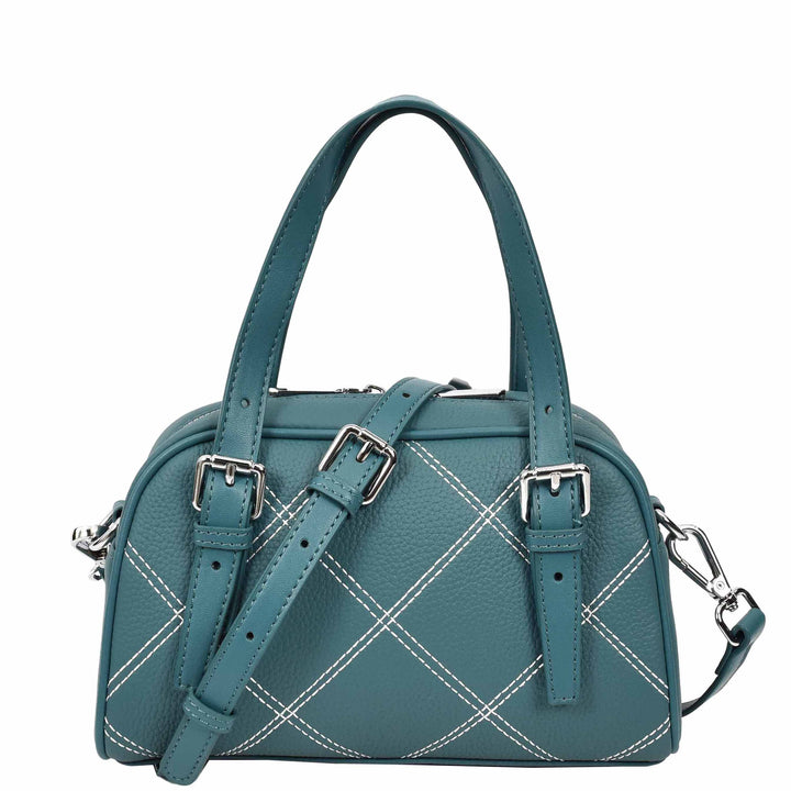 Women's Leather Satchel Handbag Quilted Stitch Design Anya Teal 1