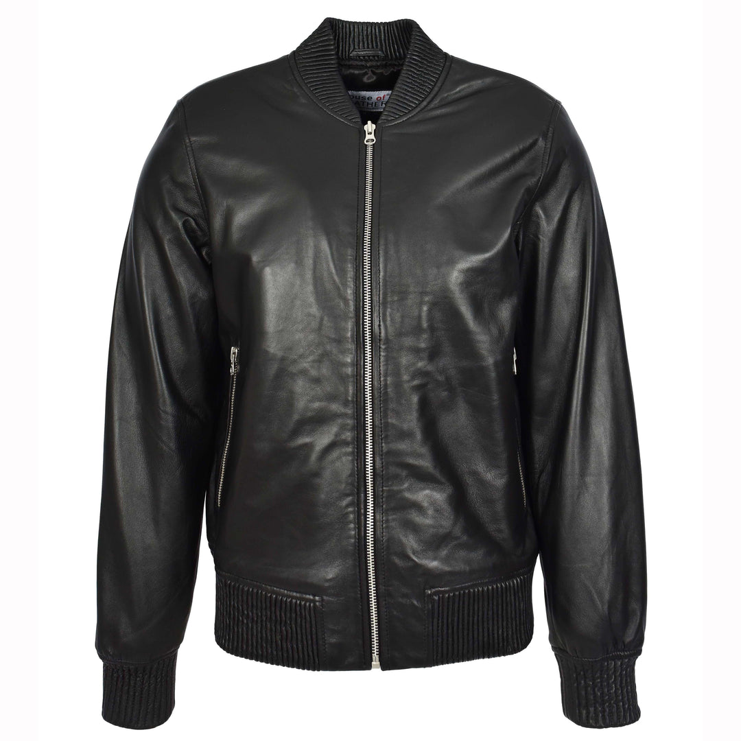 Mens Real Soft Leather Bomber Jacket MA-1 Varsity Style Torque Black 1