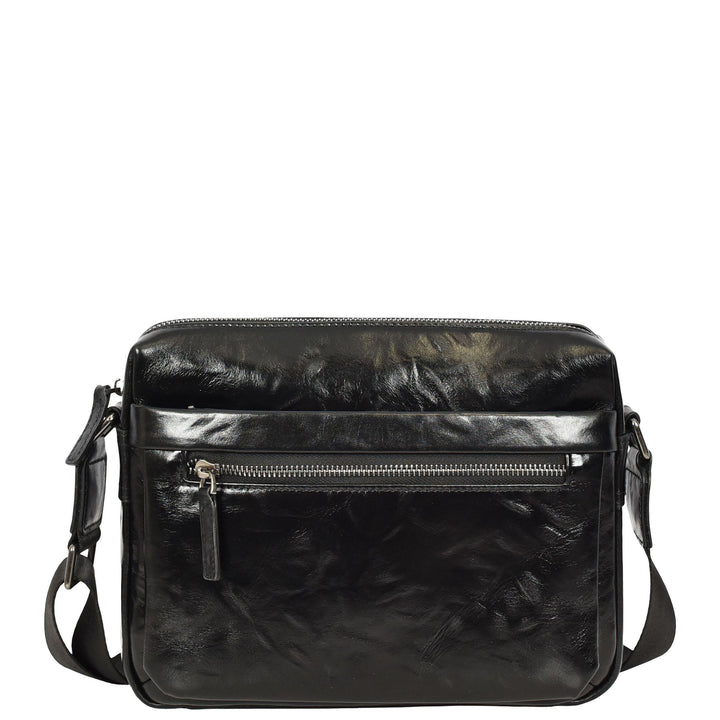 Mens Genuine Distressed Leather Crossbody Flight Bag Multiple Pockets Axel Black