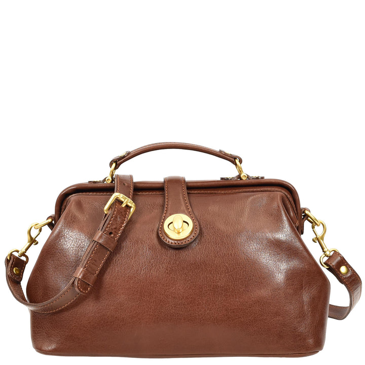 Womens Real Leather Bag Doctor Handbag HOL848 Brown