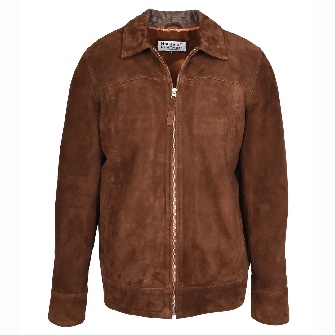 Mens Real Goat Suede Jacket Classic Zip Box Style Larry Rust Brown 1