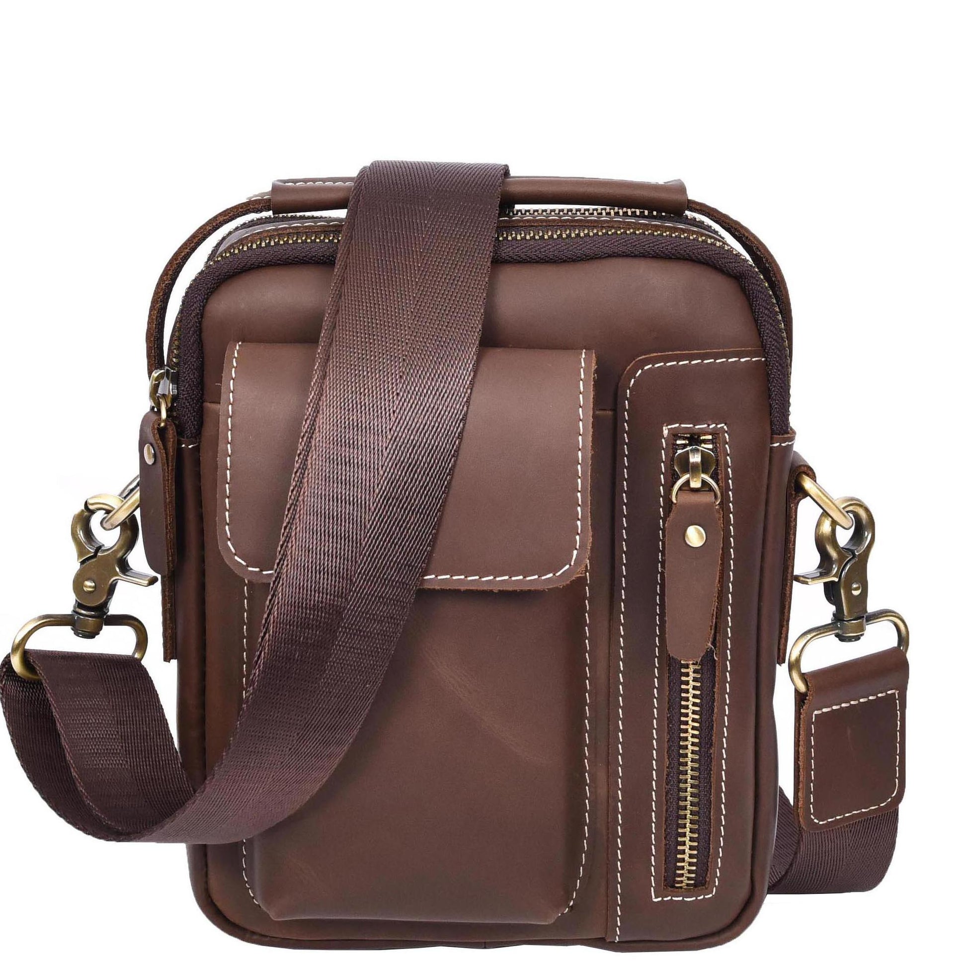 Mens Leather Small Cross Body Flight Bag Hudson Brown Hunter-1