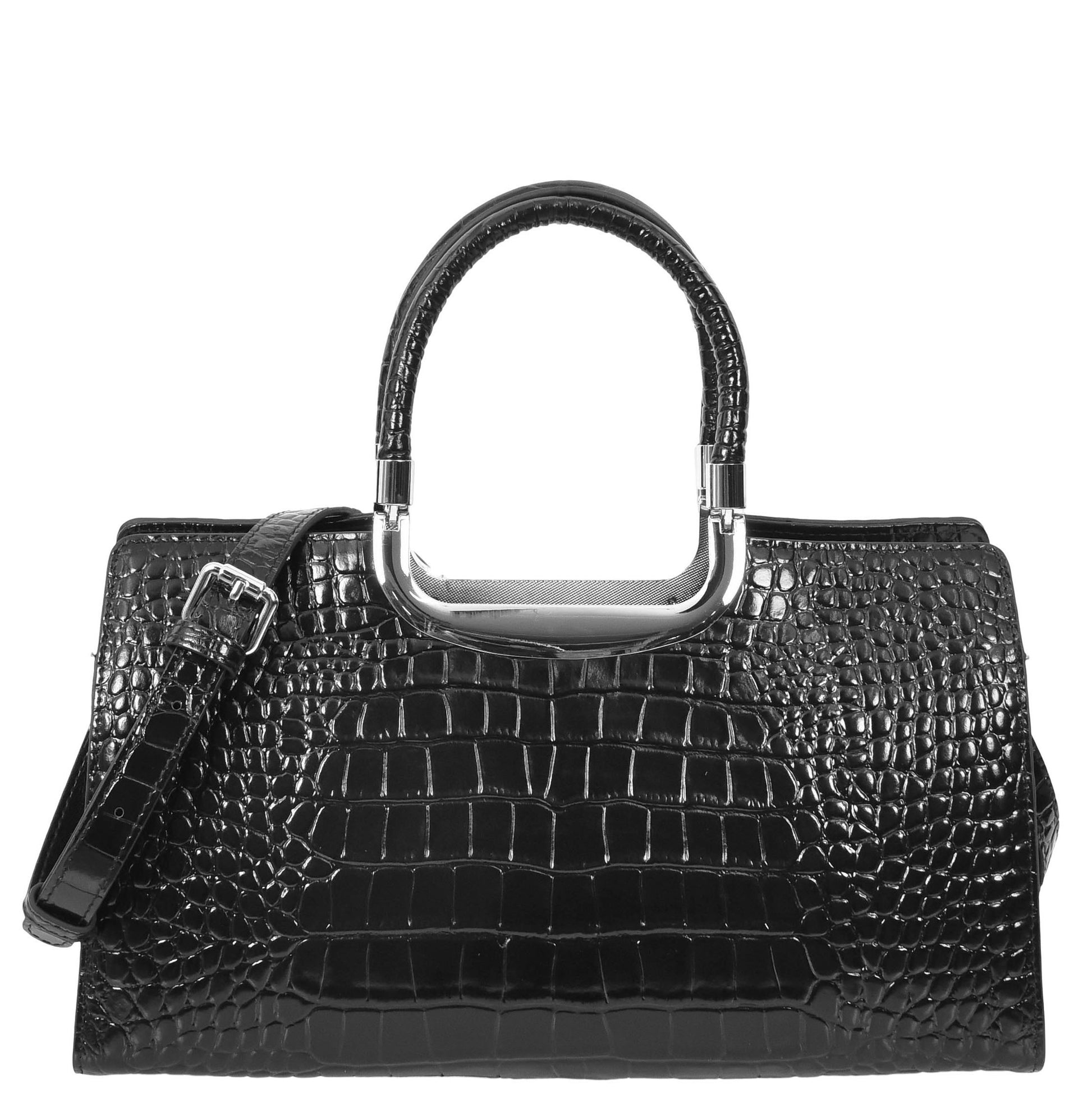 Womens Leather Croc Print Handbag Madeline Black