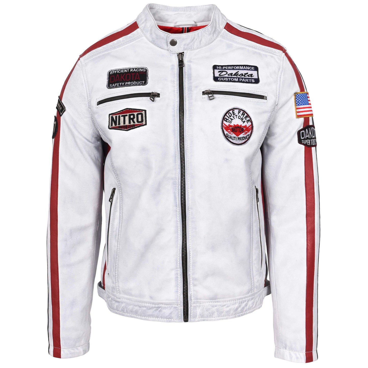 Mens Leather Biker Jacket Motorsport Logos Bobby Vintage White 2