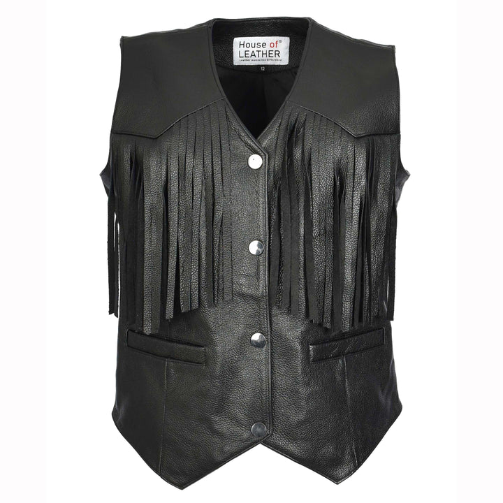 Women's Black Cowhide Leather Waistcoat Rider Biker Style with Fringe Details, Raven