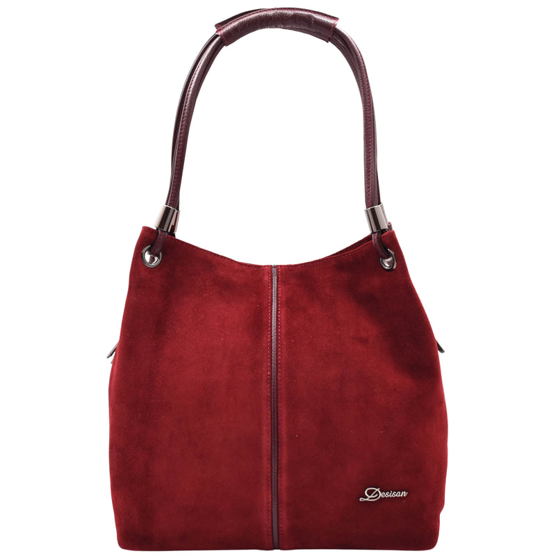 Womens Leather Suede Shoulder Bag Zip Large Burgundy Hobo Audrey 1