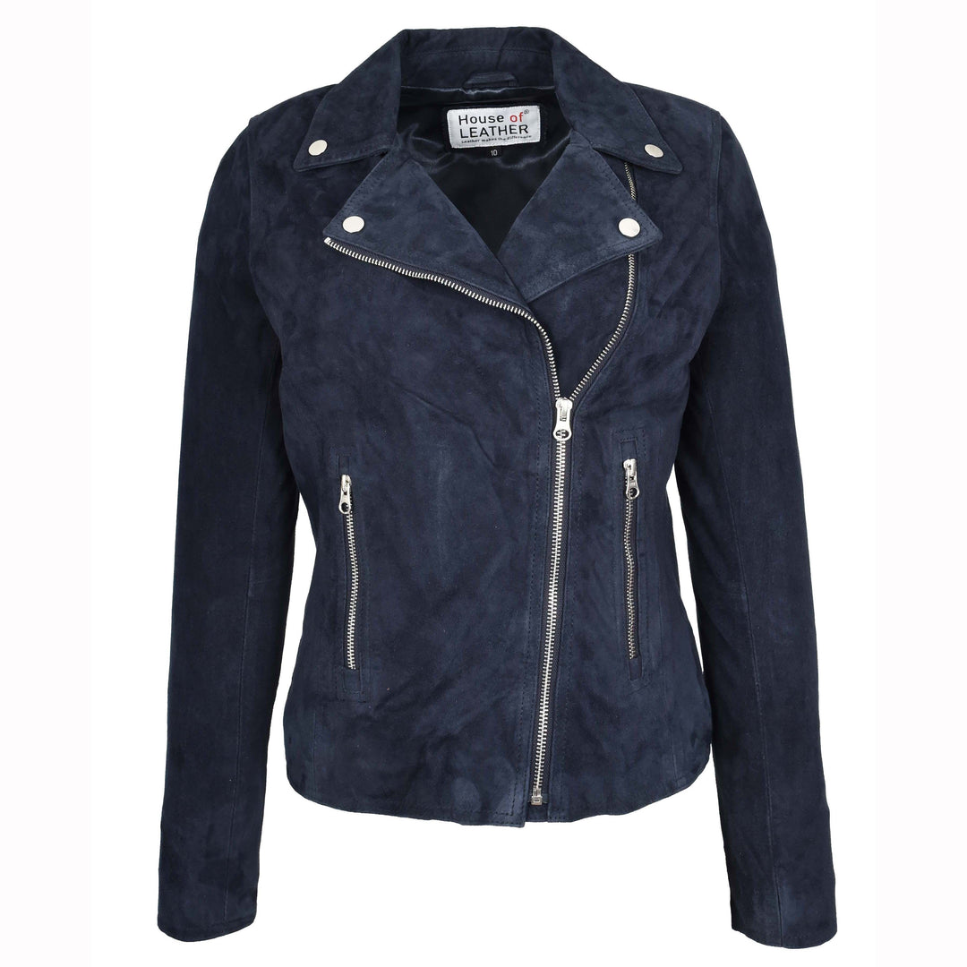Women's Genuine Goat Suede Biker Jacket Lola Navy Blue 1
