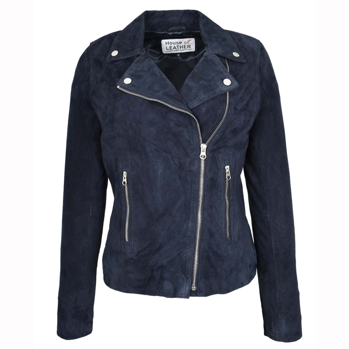 Women's Genuine Goat Suede Biker Jacket Lola Navy Blue 1