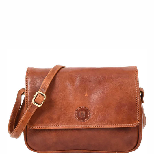 Womens Cross Body Real Leather Messenger Bag Flap HOL7002 Cognac