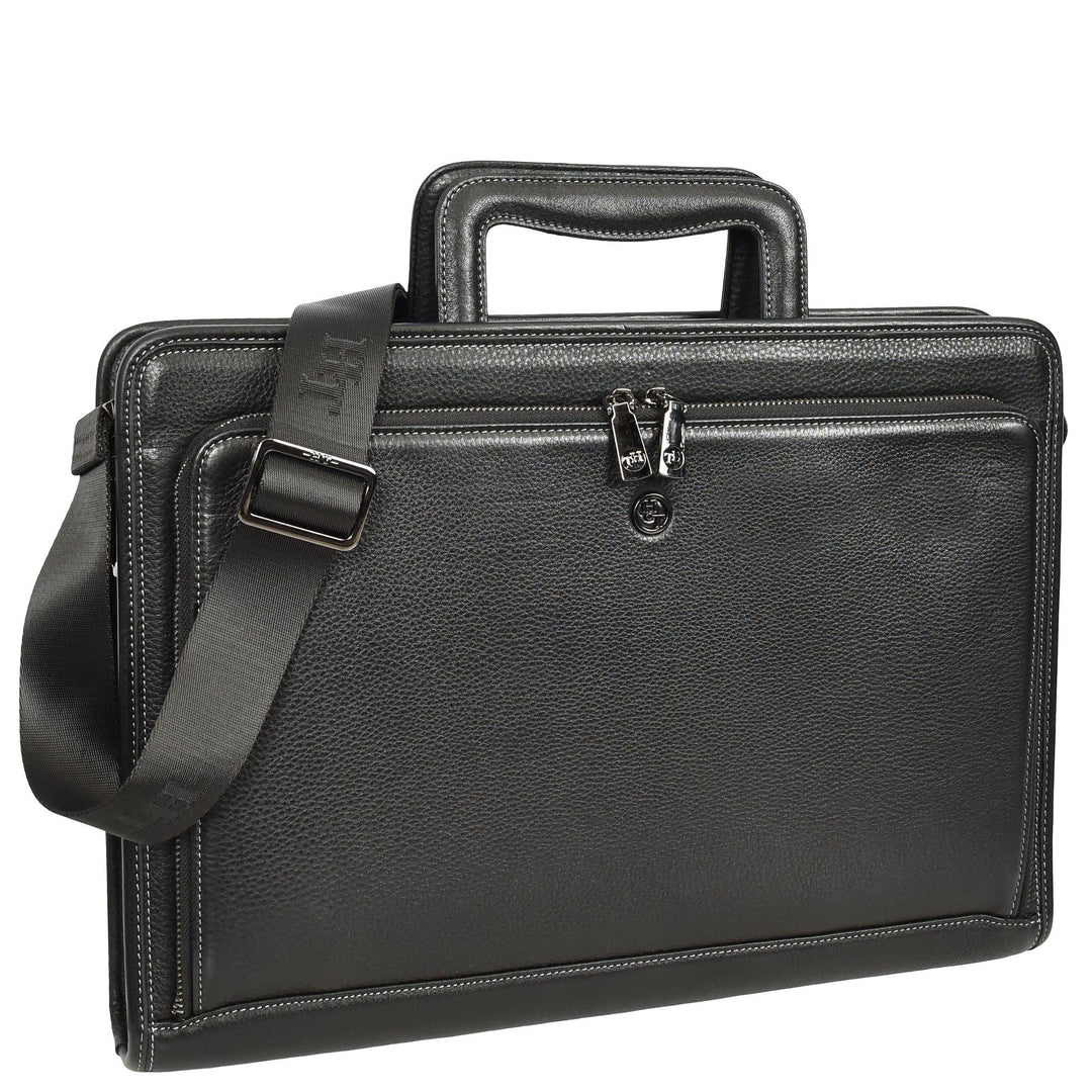 Men’s Leather Business Briefcase Laptop Work Bag with Crossbody Shoulder Strap Raya Black