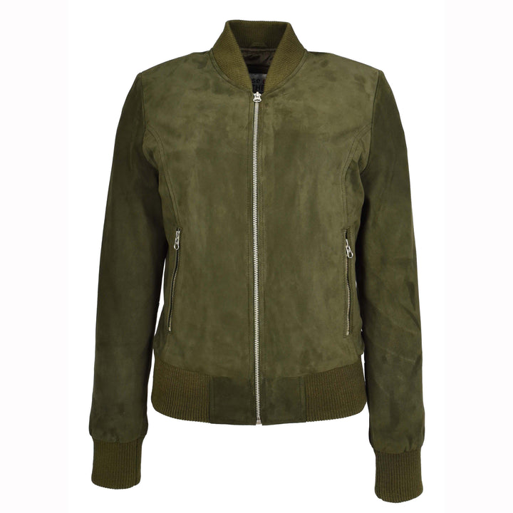 Womens Real Goat Suede Bomber MA-1 Jacket Faye Khaki Green 1