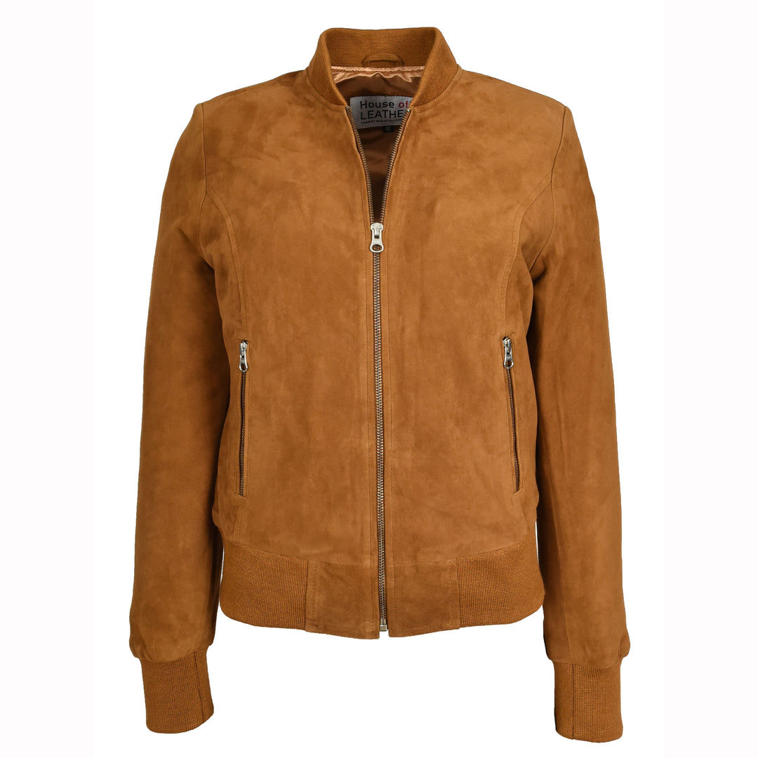 Womens Real Goat Suede Bomber MA-1 Jacket Faye Cognac 1