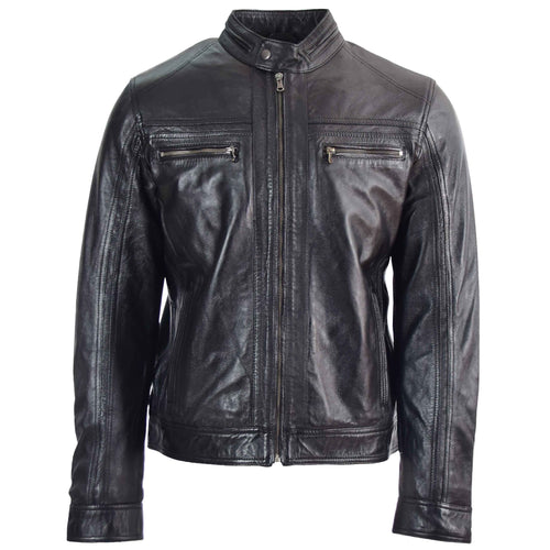 Mens Leather Cafe Racer Biker Jacket Charlie Black 1