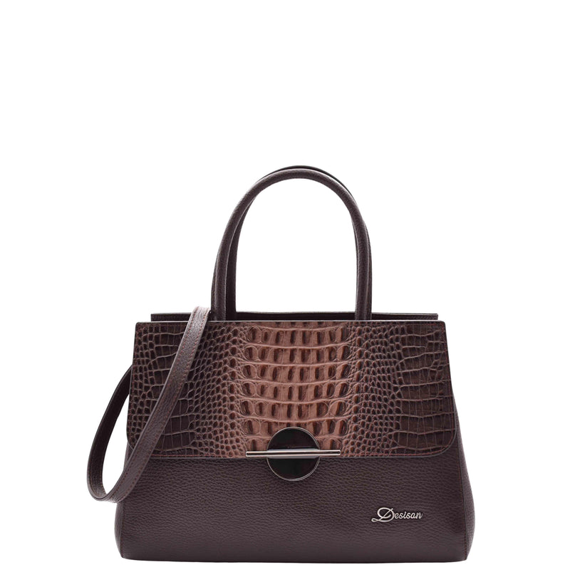 Womens Real Leather Croc Print Handbag Long Strap CAROL Brown