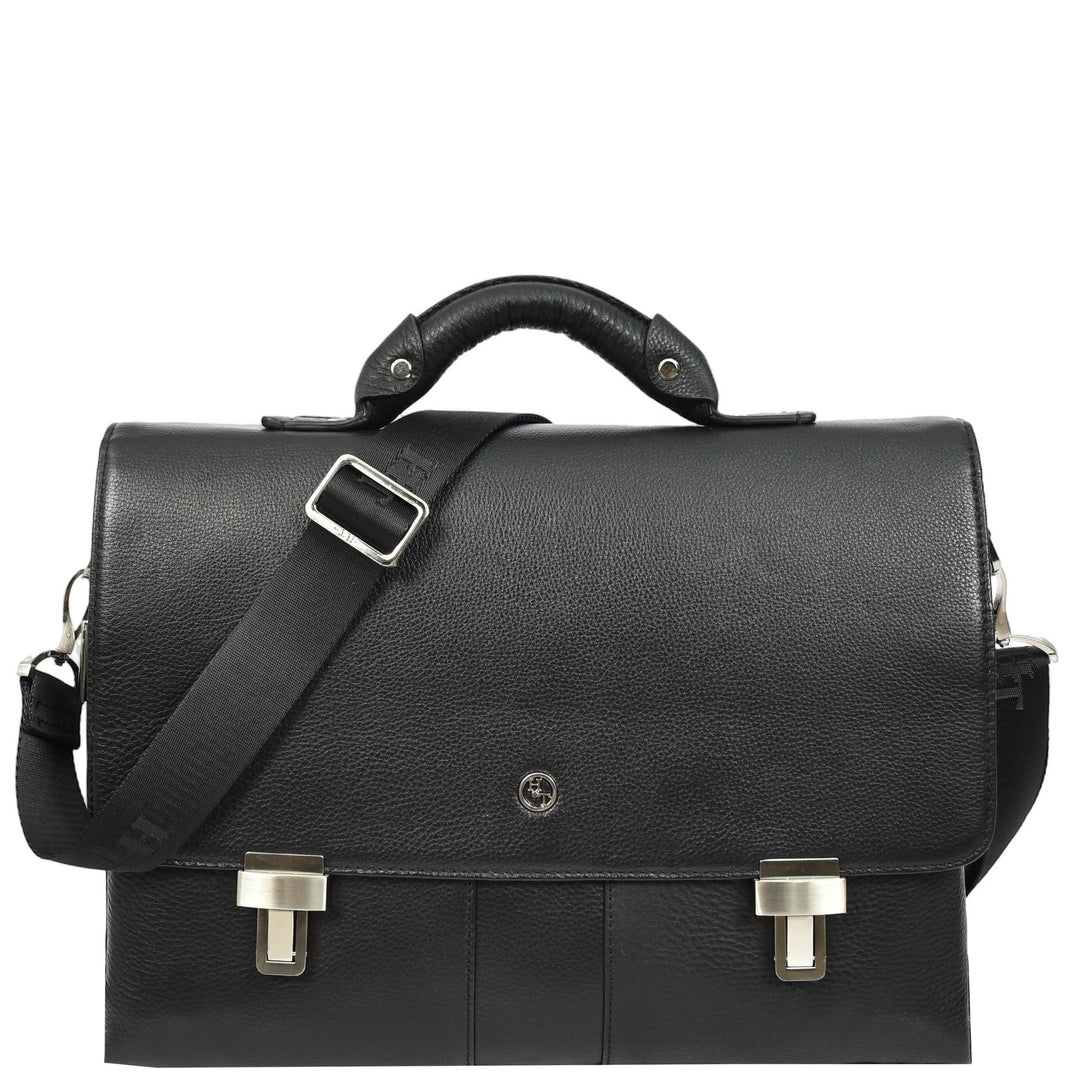 Mens Real Leather Briefcase Cross Body Organiser Work Office Messenger Bag Benin Black-1