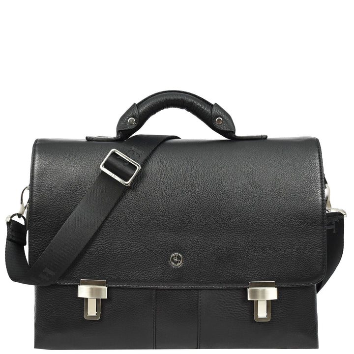 Mens Real Leather Briefcase Cross Body Organiser Work Office Messenger Bag Benin Black-1