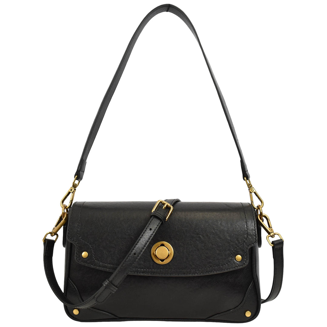 Women's Leather Crossbody Handbag Flap over Turn Lock Bag Beverly Black 1