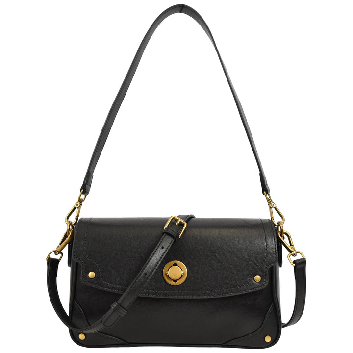 Women's Leather Crossbody Handbag Flap over Turn Lock Bag Beverly Black 1