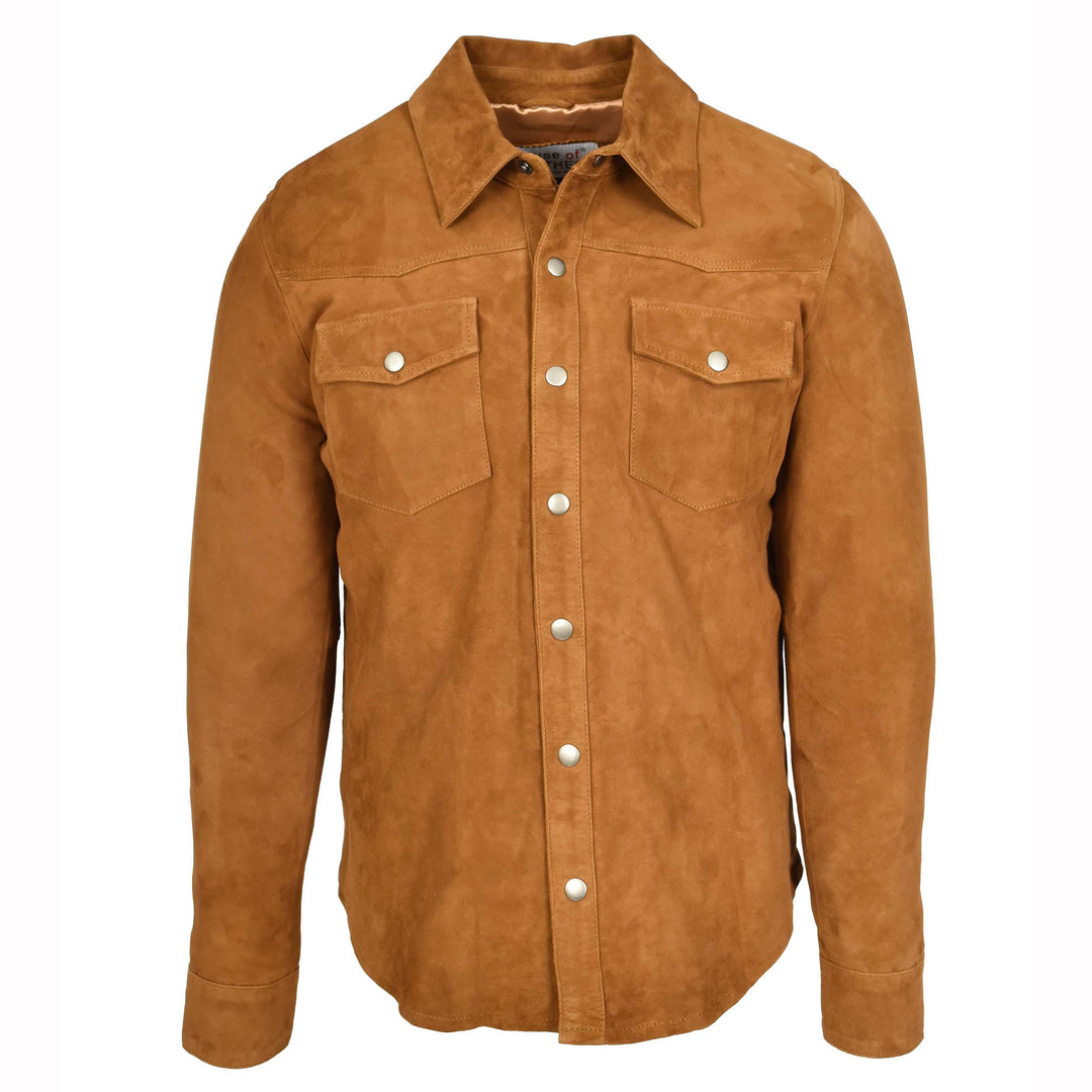Mens Real Goat Suede Shirt Western Trucker Jacket Oliver Cognac  1