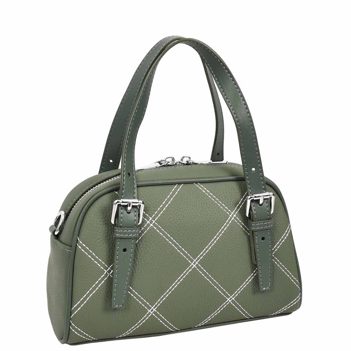Women's Leather Satchel Handbag Quilted Stitch Design Anya Green 1